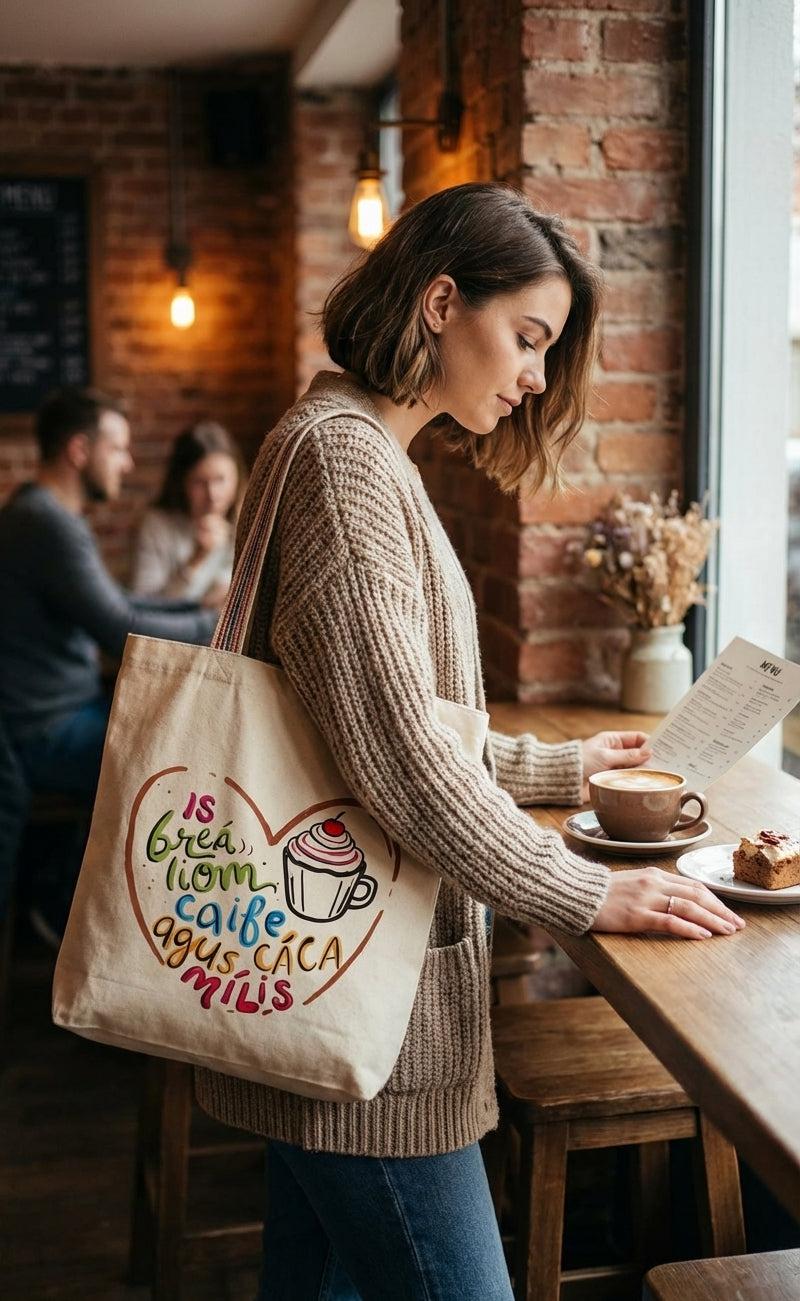 Is Breá Liom Caife agus Cáca Milis Tote Bag - lifestyle with model