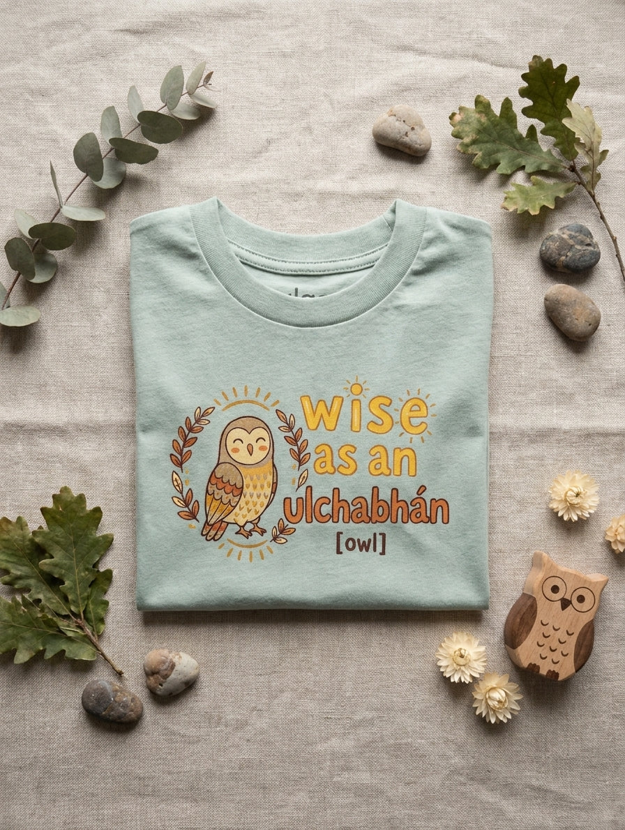 Flat lay of seafoam t-shirt with owl design on natural leaf background