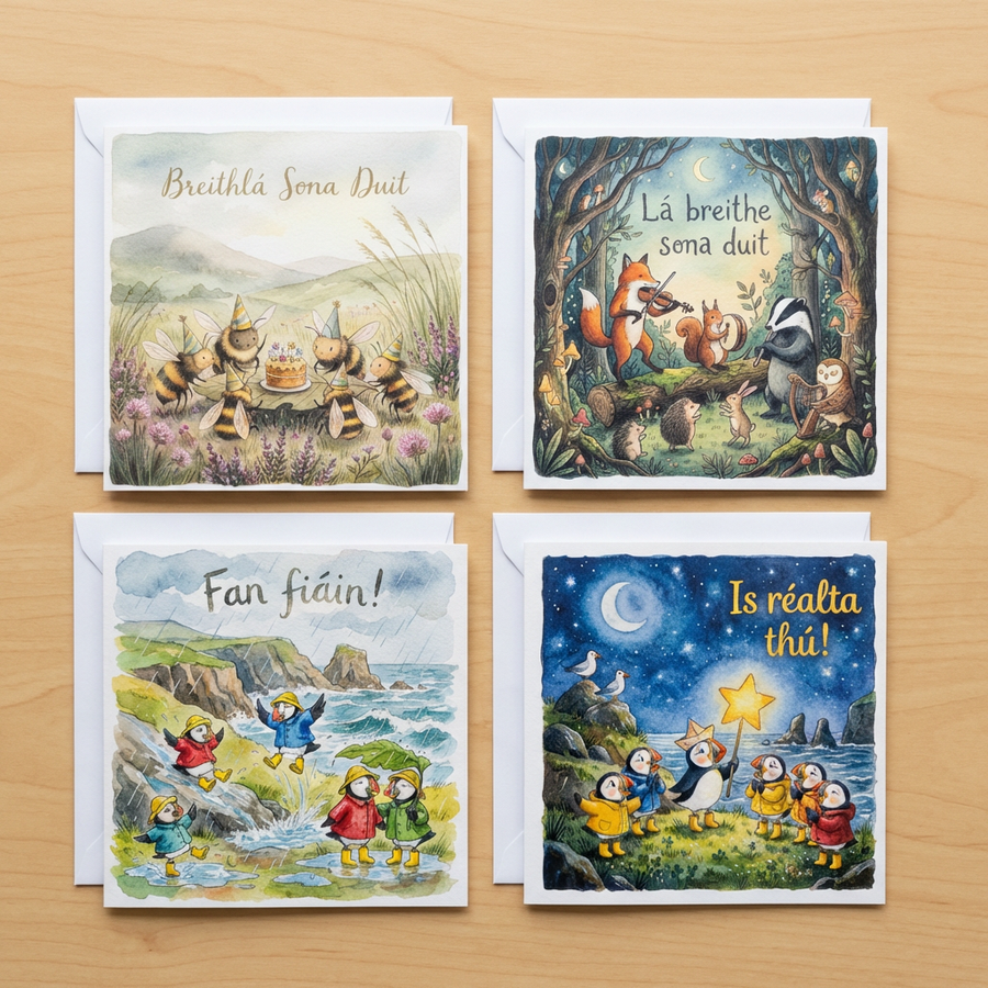 Glasog Irish language greeting card collection - four cards