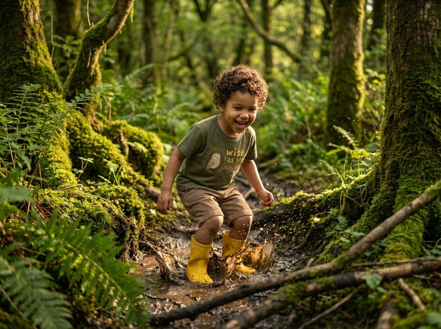 Styled editorial photo of olive kids t-shirt with owl illustration