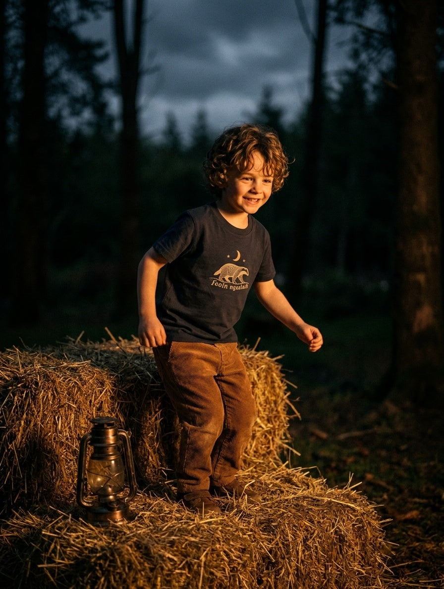 Styled editorial photo of navy kids t-shirt with faoin-ngealach illustration