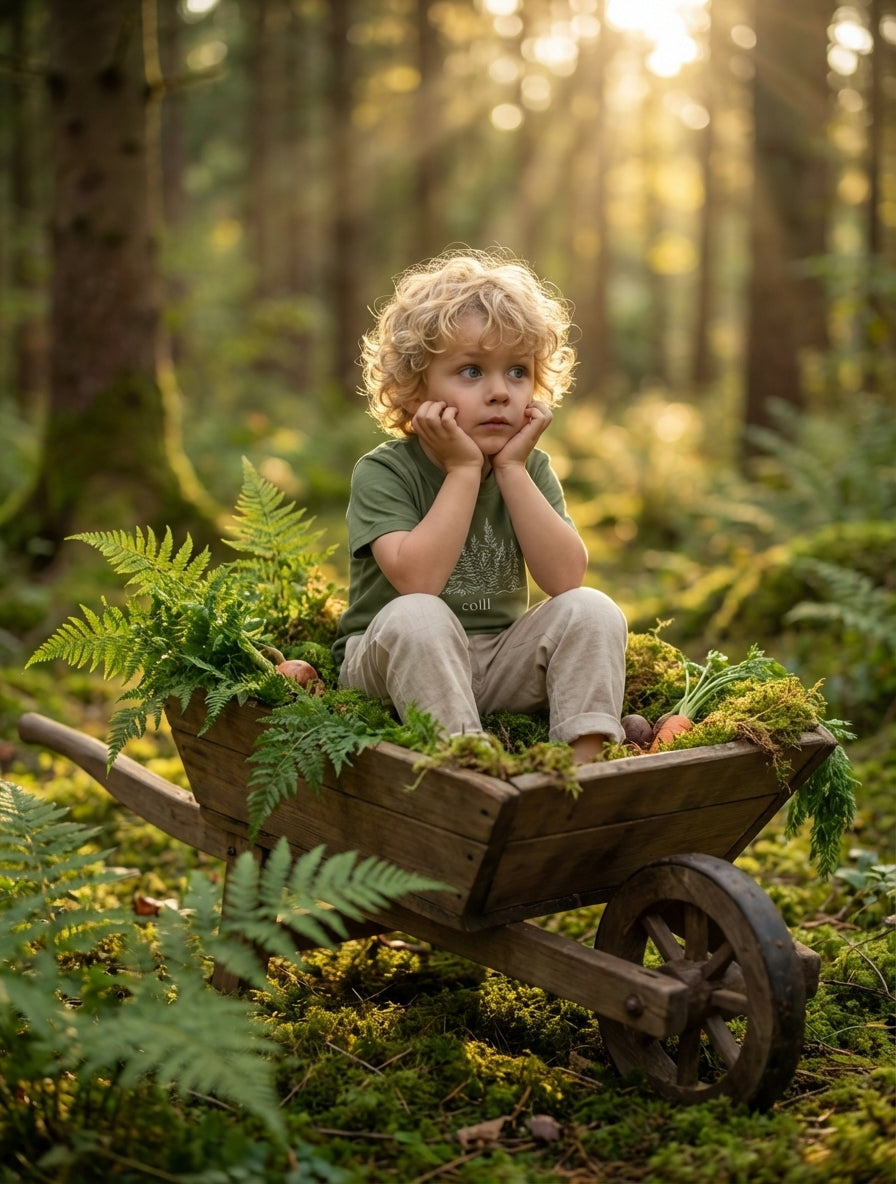 Styled editorial photo of green kids t-shirt with trees illustration