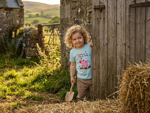 Styled photo of baby wearing blue organic cotton t-shirt with pig design