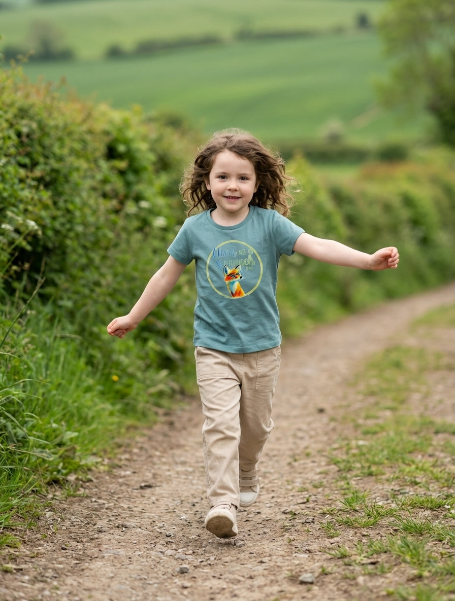 Child in motion wearing teal t-shirt with fox design