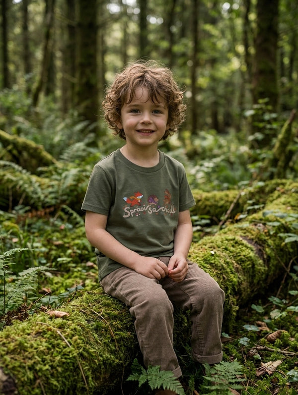 Child wearing olive t-shirt with spraoisachoill design, portrait