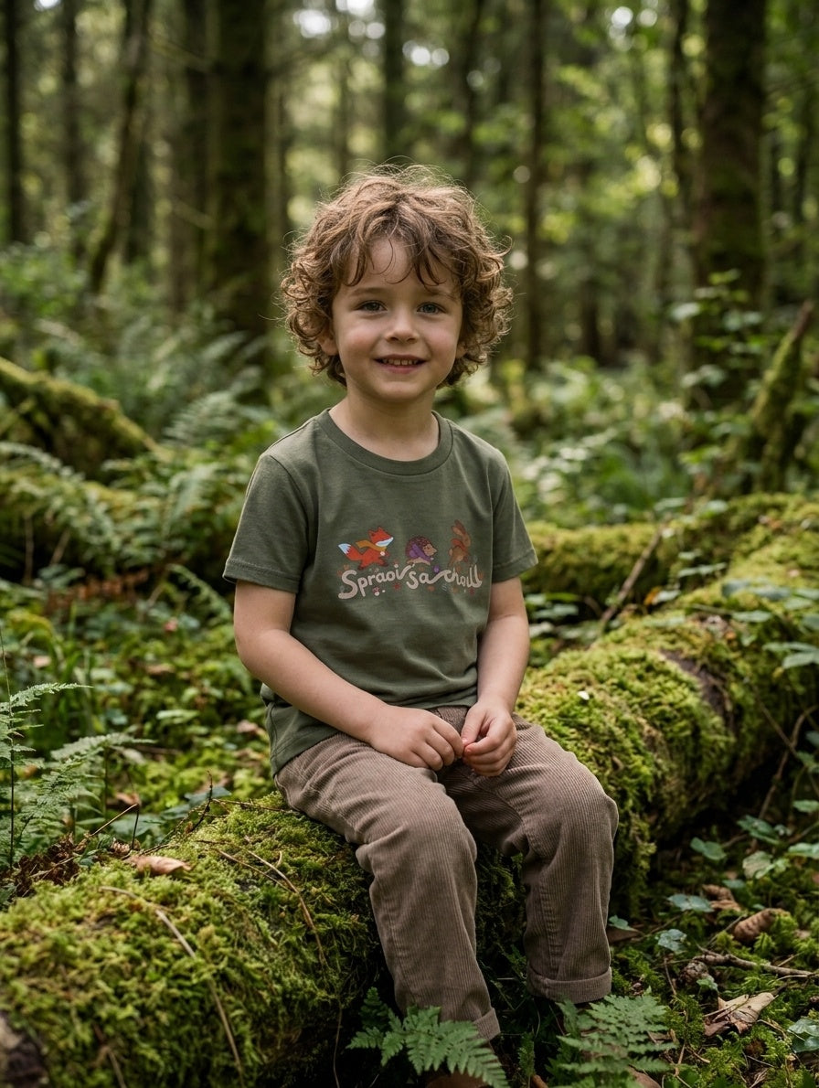Child wearing olive t-shirt with spraoisachoill design, portrait