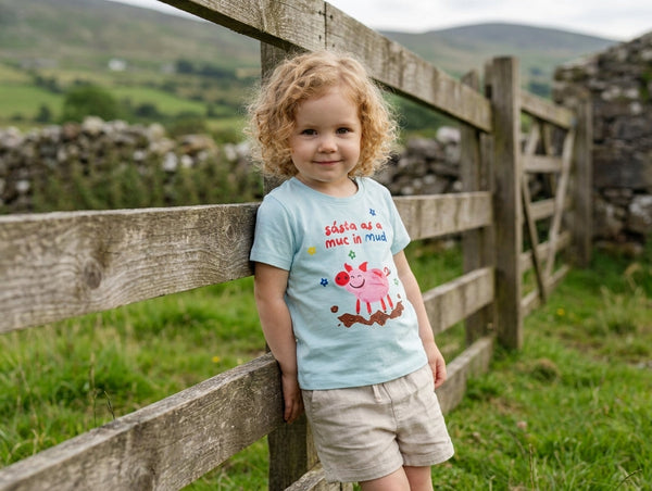 Baby wearing blue organic cotton t-shirt with pig illustration, portrait