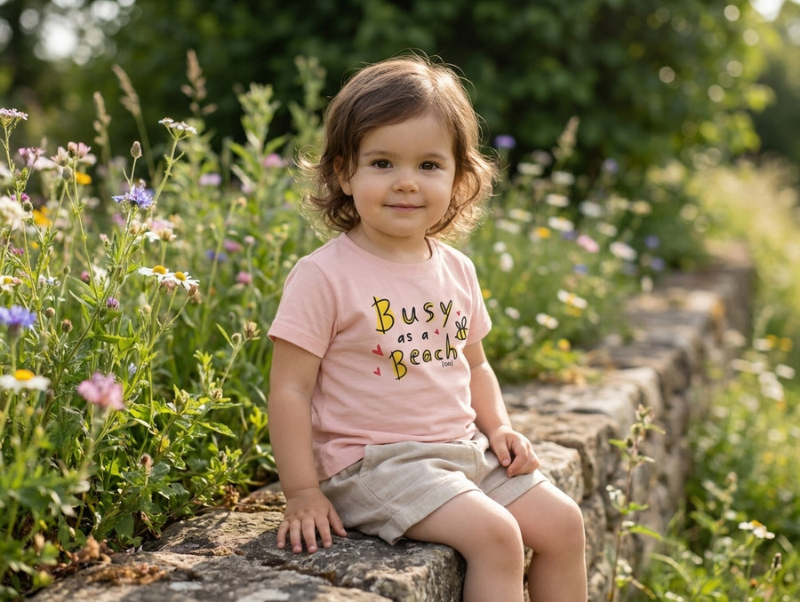 peach Baby Creator t-shirt with bee design — baby wearing it, portrait