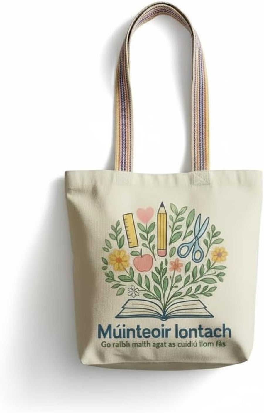Muinteoir Iontach Tote Bag - Irish language recycled cotton tote bag with rainbow handles