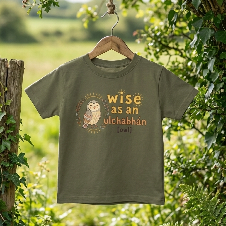 Olive Ulchabhán kids t-shirt hanging on a wooden hanger on an Irish nature walk