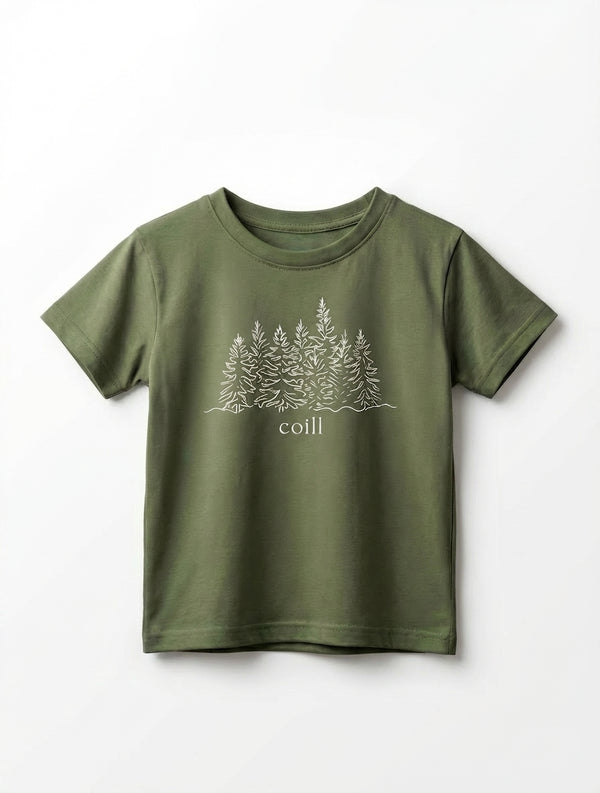 green kids t-shirt with trees illustration on white background