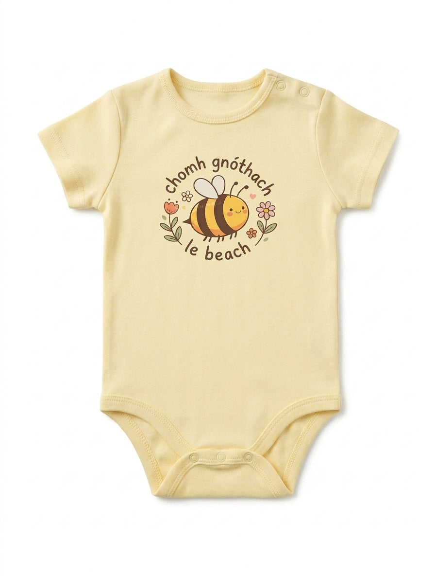 butteryellow kids bodysuit with bee illustration on white background