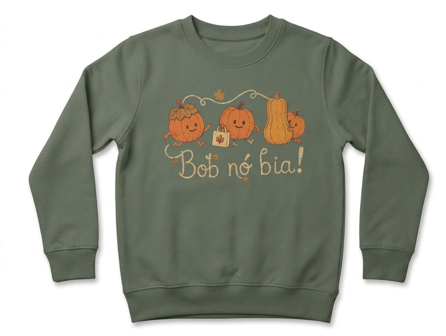 olive sweatshirt with pumpkins design on white background