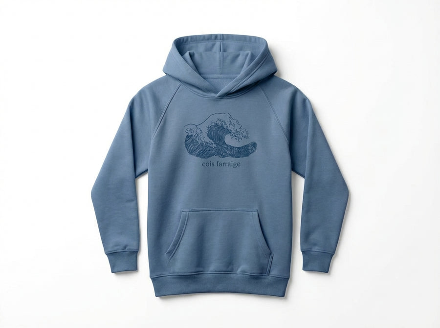 blue kids hoodie with wave illustration on white background