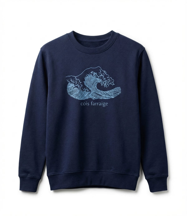 navy kids sweatshirt with wave illustration on white background