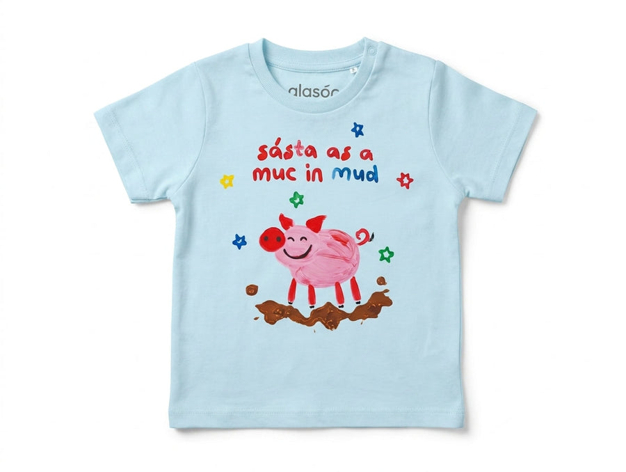 Blue baby t-shirt with pig illustration on white background