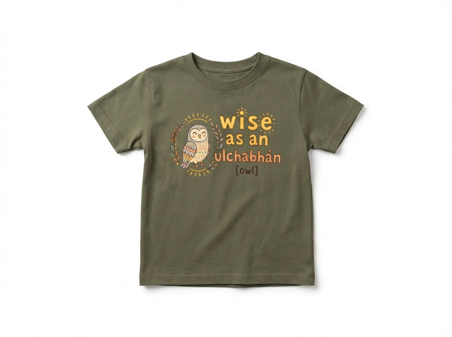 olive kids t-shirt with owl illustration on white background
