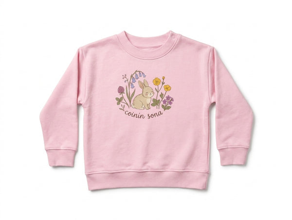 pink kids sweatshirt with rabbit-floral illustration on white background
