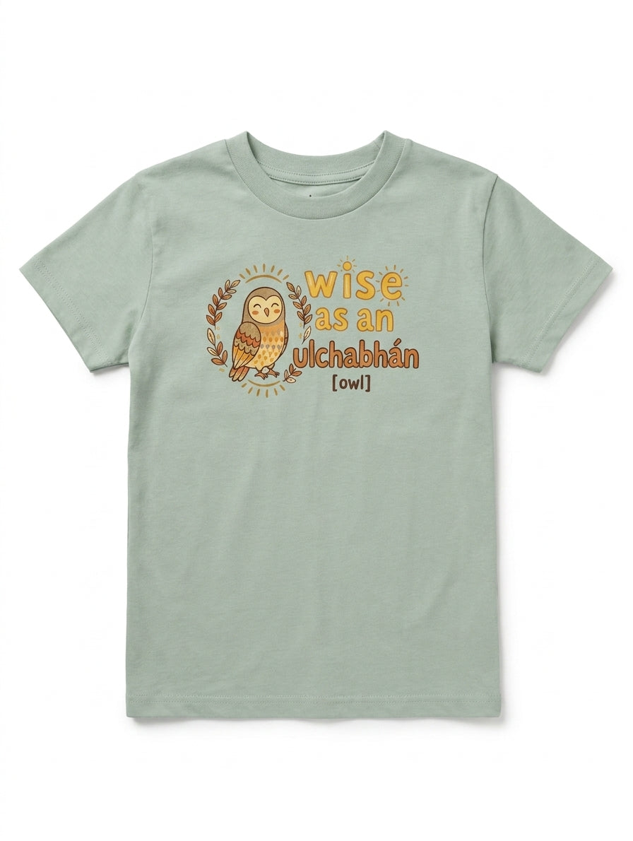 seafoam kids t-shirt with owl illustration on white background