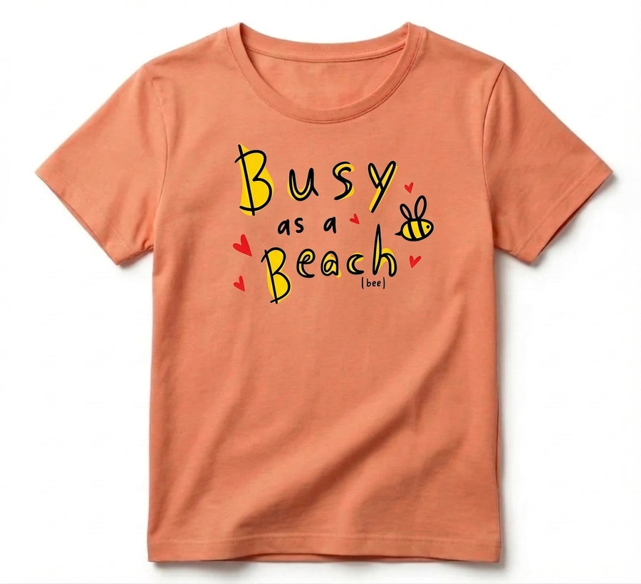 peach kids t-shirt with bee illustration on white background