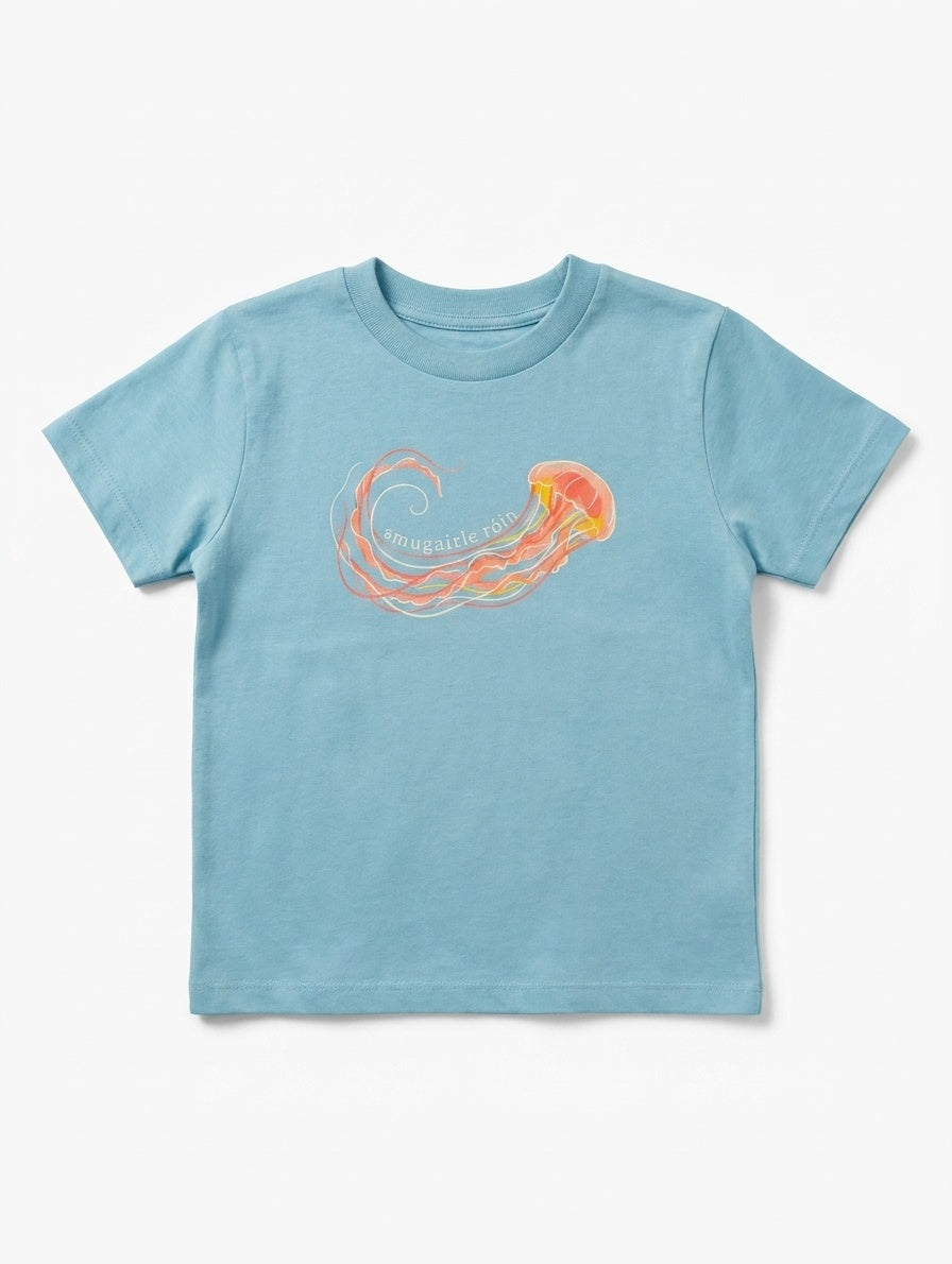 teal kids t-shirt with jellyfish illustration on white background