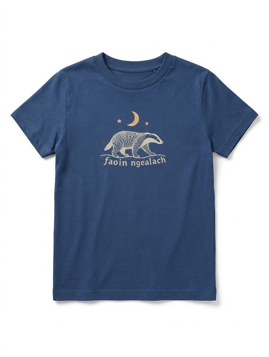 navy kids t-shirt with faoin-ngealach illustration on white background