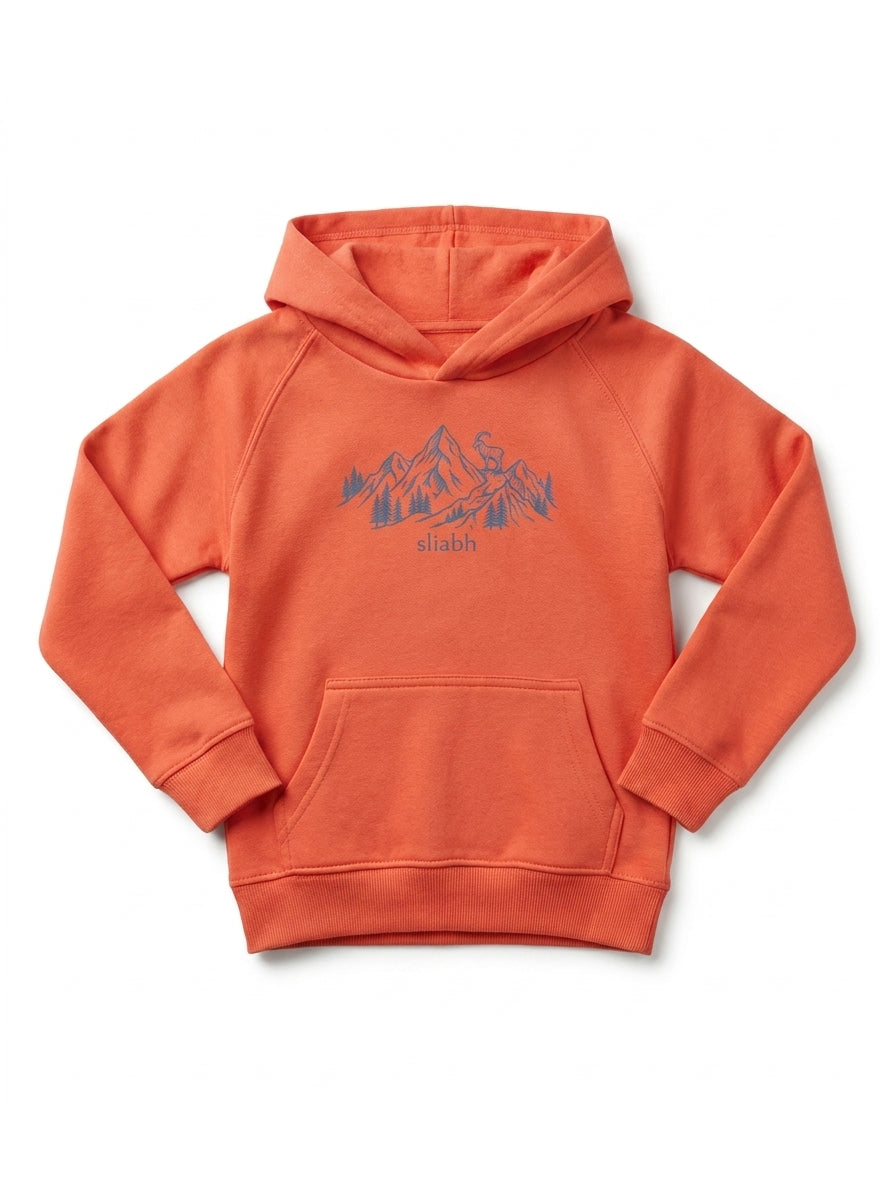 orange kids hoodie with mountain illustration on white background