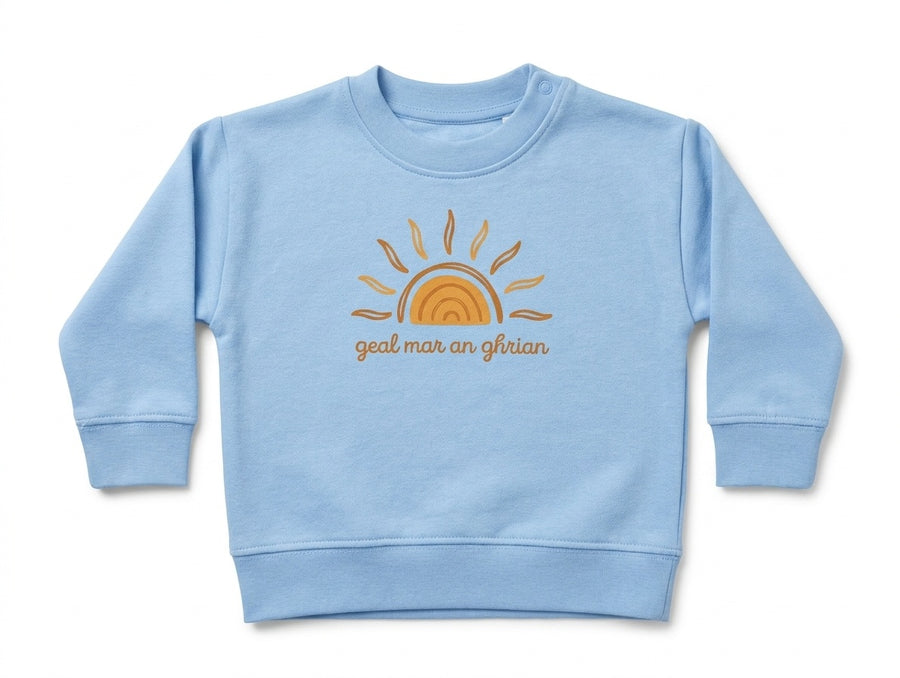 blue kids sweatshirt with sun illustration on white background
