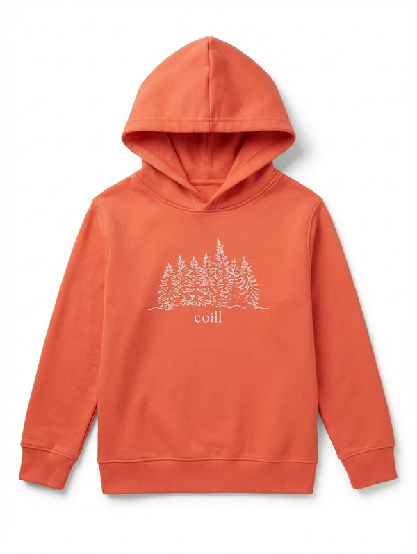 orange kids hoodie with trees illustration on white background