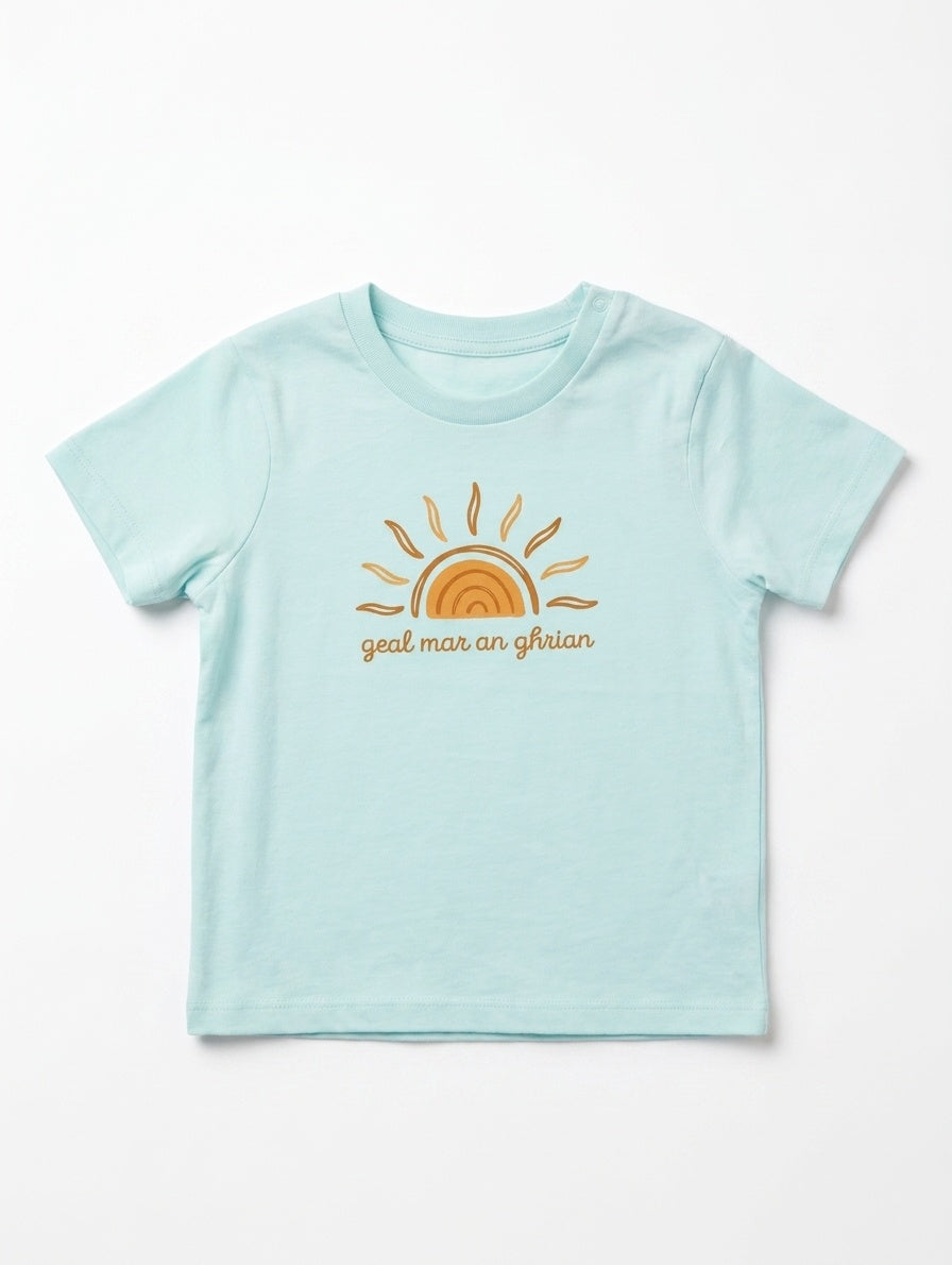 blue kids t-shirt with sun illustration on white background