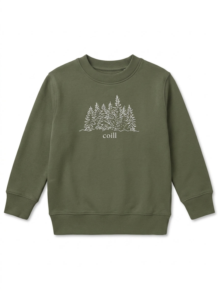 olive sweatshirt with trees design on white background