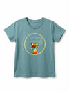 teal kids t-shirt with fox illustration on white background