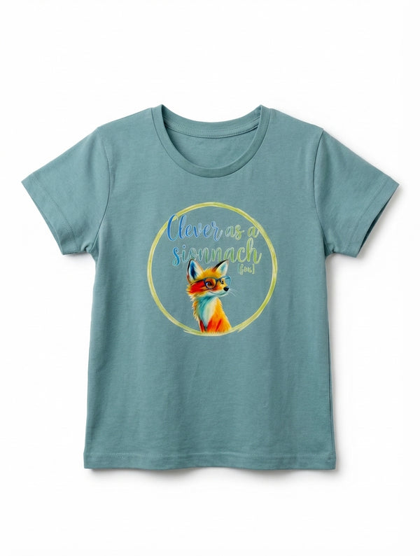 teal kids t-shirt with fox illustration on white background