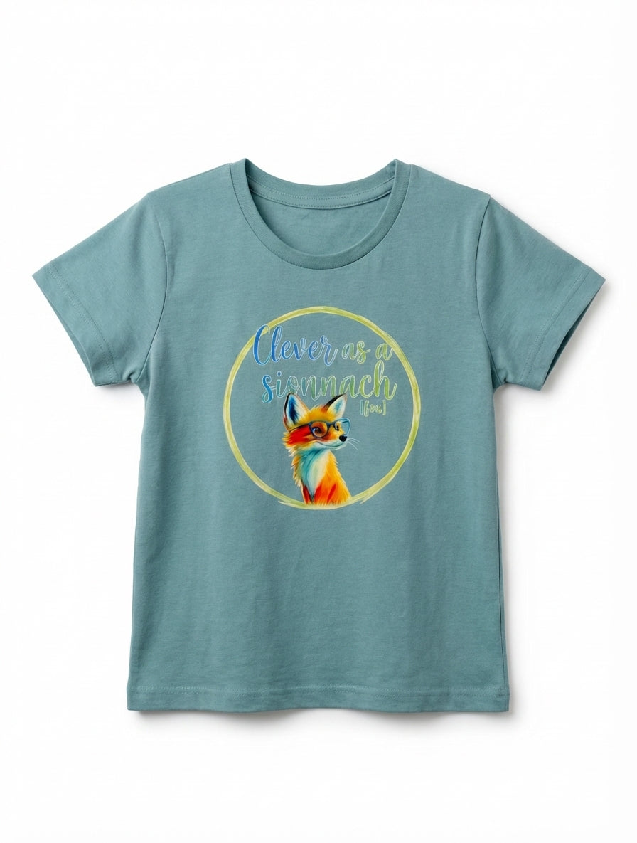 teal kids t-shirt with fox illustration on white background