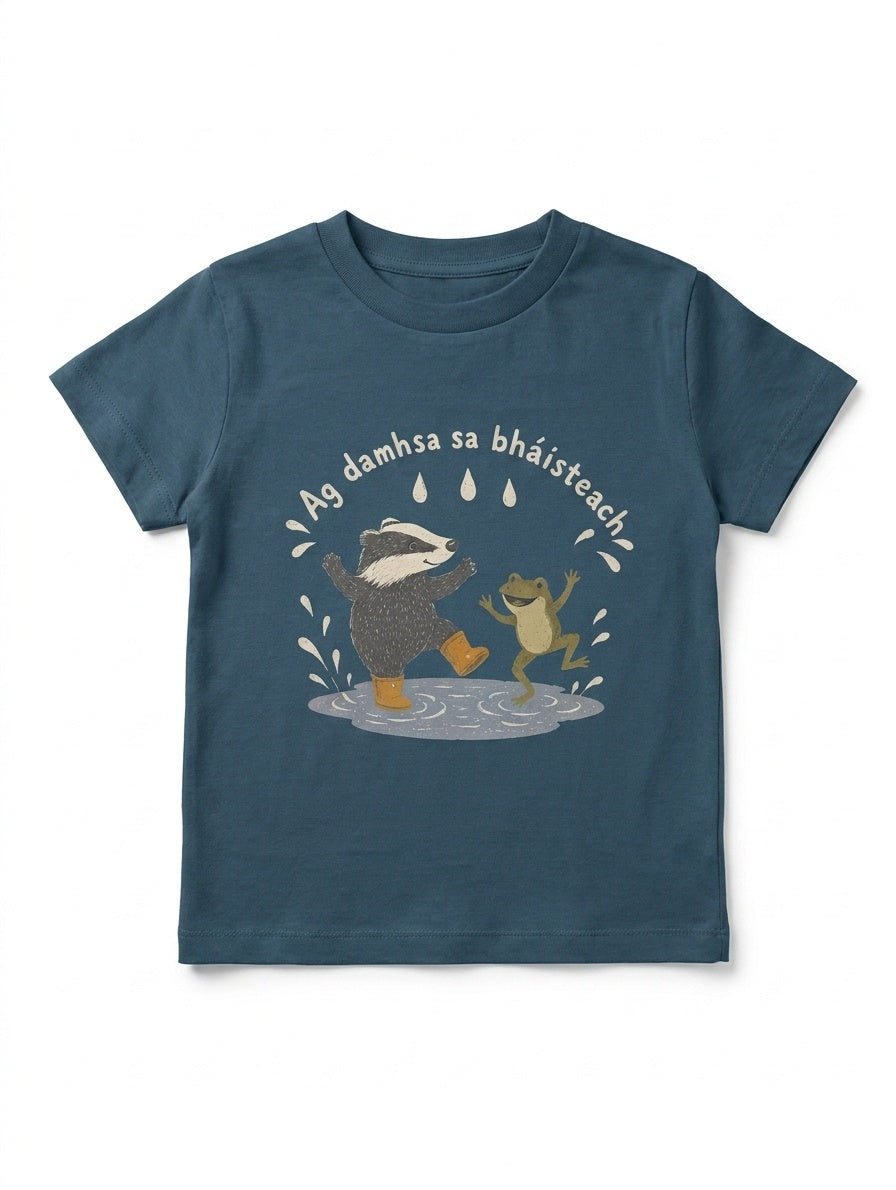 twilightblue kids t-shirt with badger-frog illustration on white background