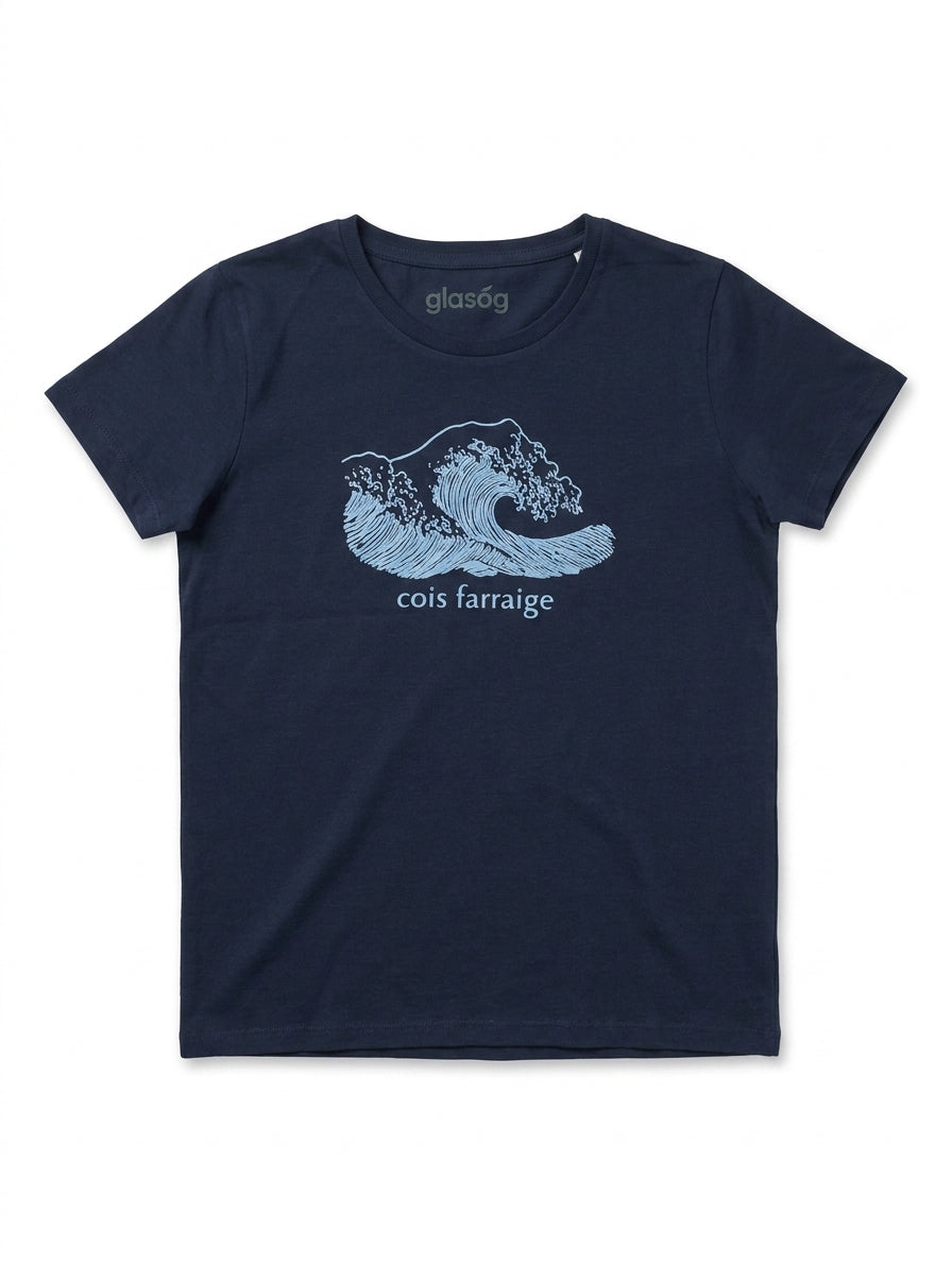 navy kids t-shirt with wave illustration on white background