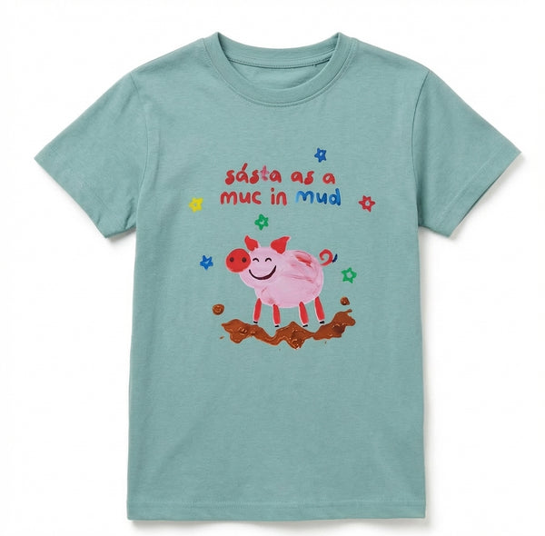 teal kids t-shirt with pig illustration on white background