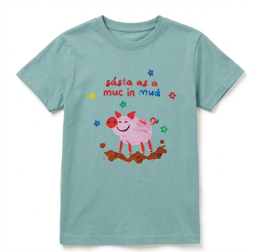 teal kids t-shirt with pig illustration on white background
