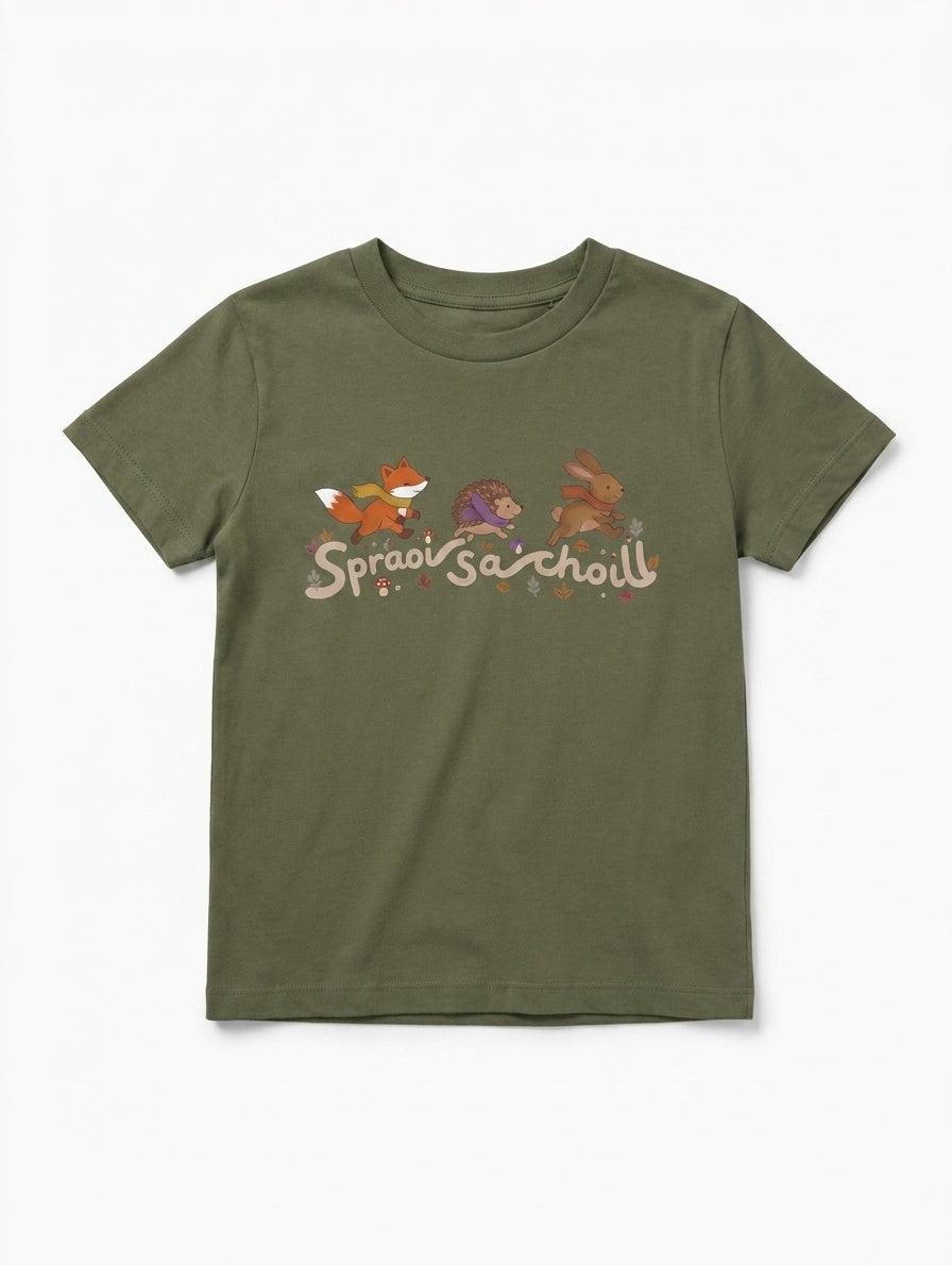 Olive kids t-shirt with Spraoi sa Choill forest design, plain white