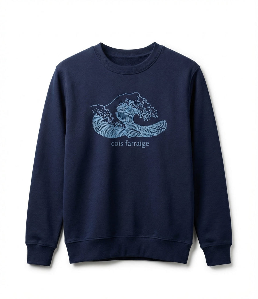 navy sweatshirt with wave design on white background
