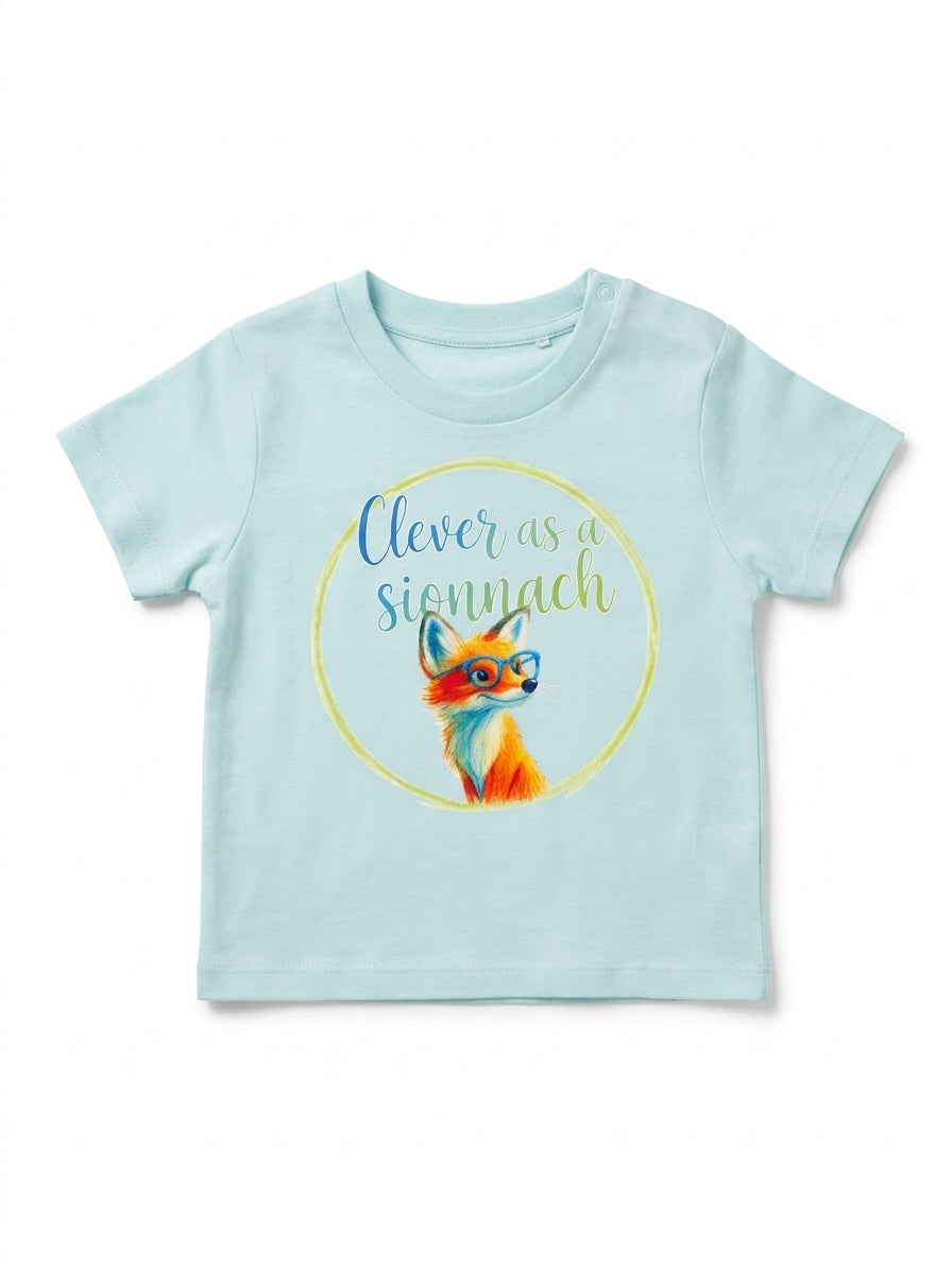 Blue baby t-shirt with fox illustration on white background