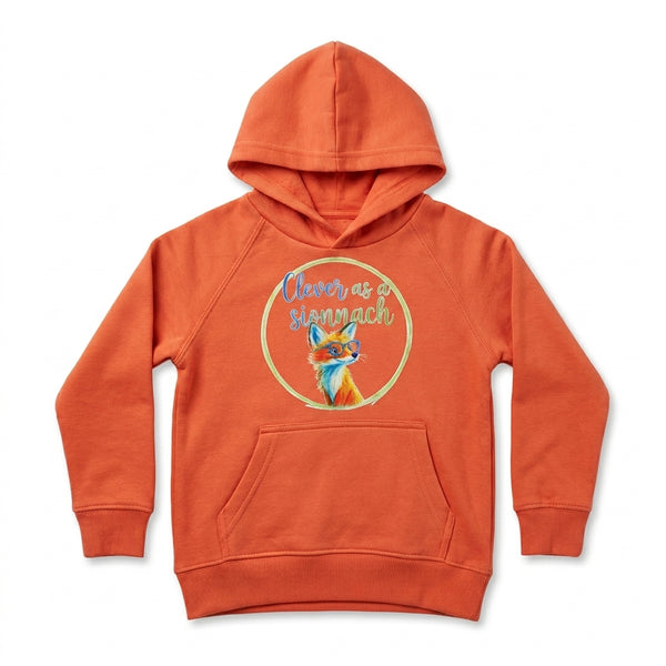 orange kids hoodie with fox illustration on white background