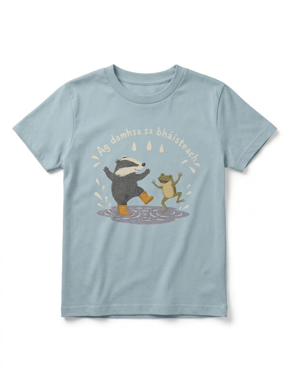 seafoam kids t-shirt with badger-frog illustration on white background