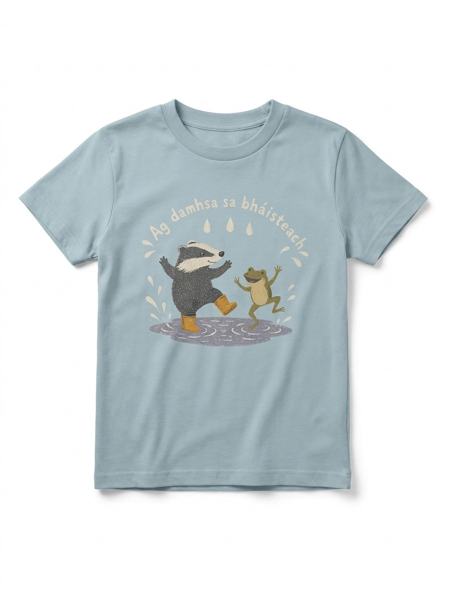 seafoam kids t-shirt with badger-frog illustration on white background