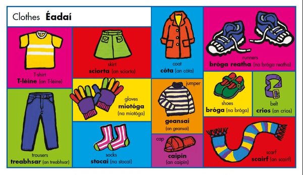 My First Irish Word Book interior spread, Clothes and Éadaí vocabulary page