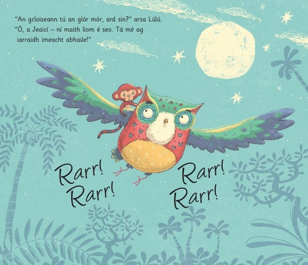 Lúlú agus an Oíche Ghlórach interior spread, Lúlú the monkey and Jeaicí the owl at night