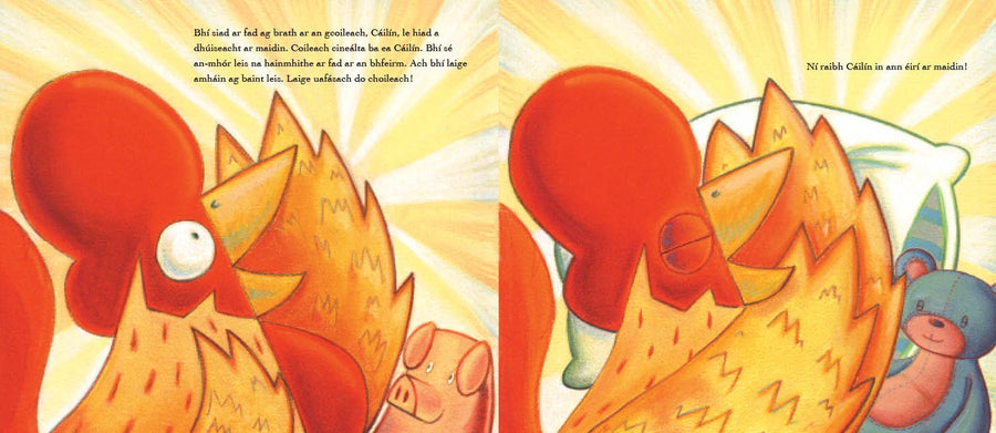 An Coileach Codlatach interior spread, Cáilín the rooster on the farm