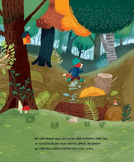 Amuigh Faoin Spéir interior spread, Rua playing outdoors in the autumn woods