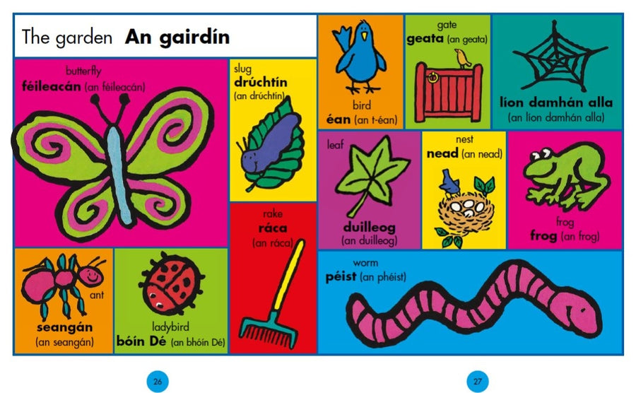 My First Irish Word Book interior spread, The garden and An gairdín vocabulary page