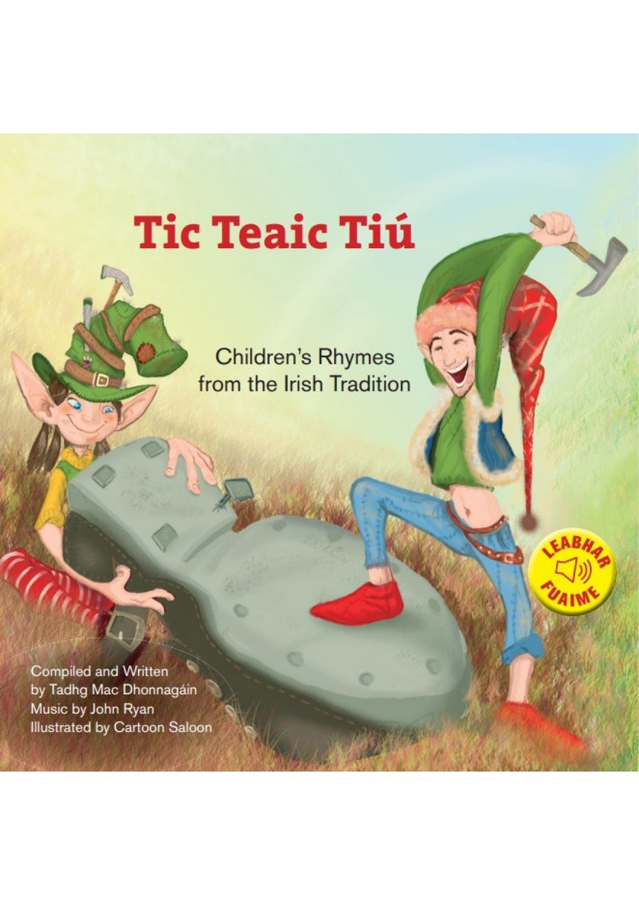 Tic Teaic Tiú Leabhar Fuaime (Sound Book) cover, Irish language children's book, two playful woodland characters and a giant boot